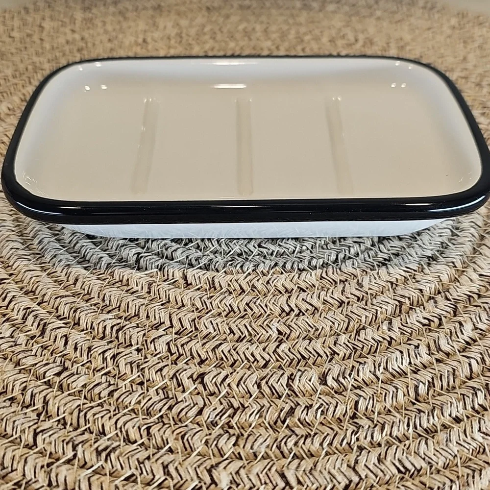 Hearth And Hand White Glazed Stonware Soap Dish with Black Trim